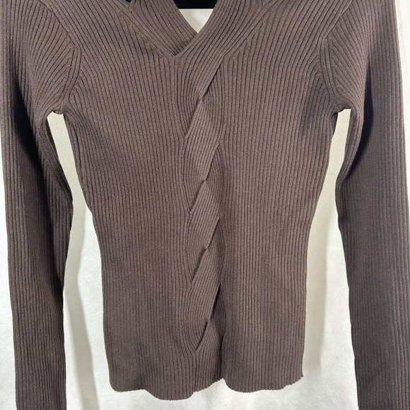 Jonathan Simkhai Leah Ribbed Cable Knit Wool Blend Sweater Chocolate - Picture 7 of 14